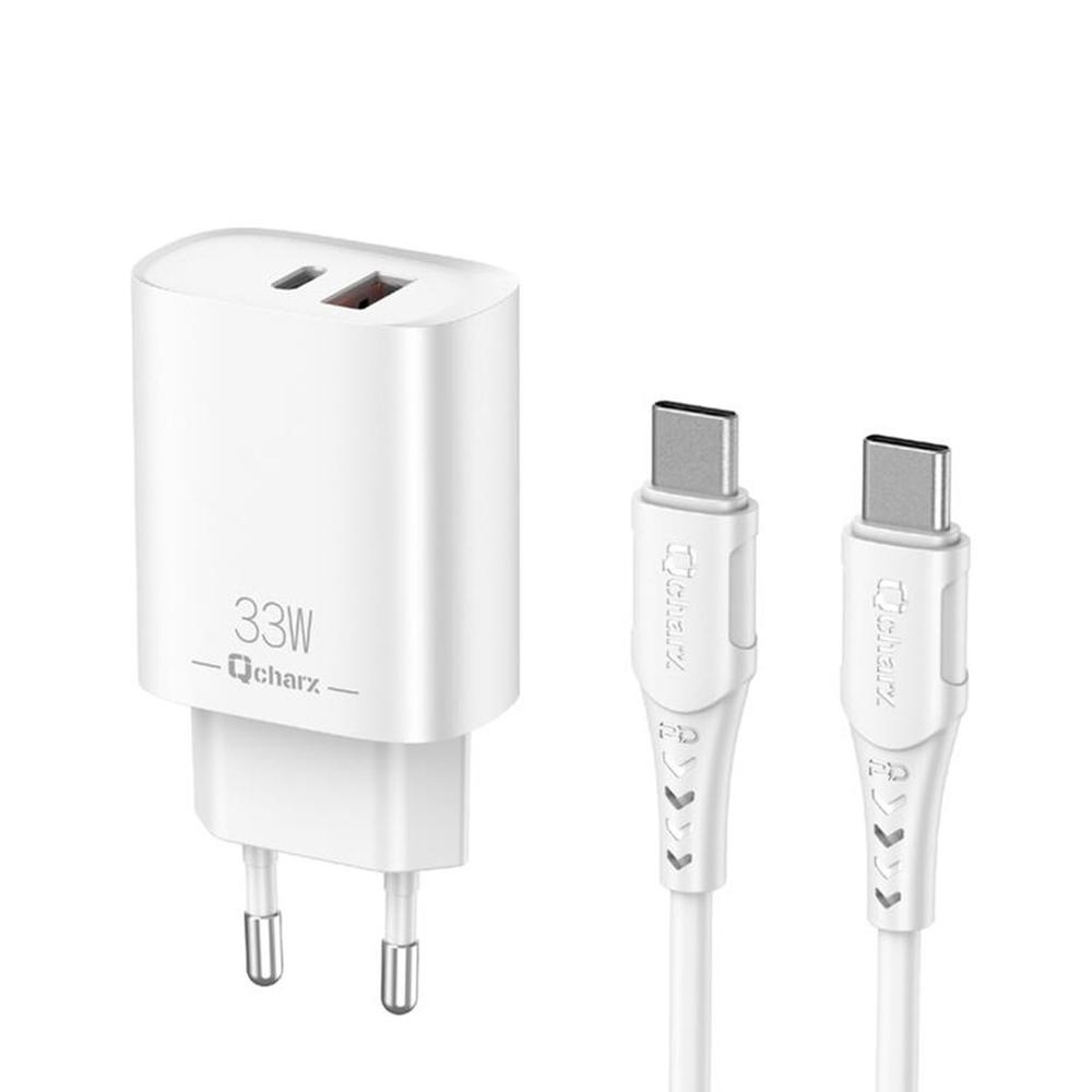 CARGADOR QCHARX EROS 3A 33W 1 X USB TIPO A / 1 X USB TIPO C BLANCO + CABLE USB TIPO C