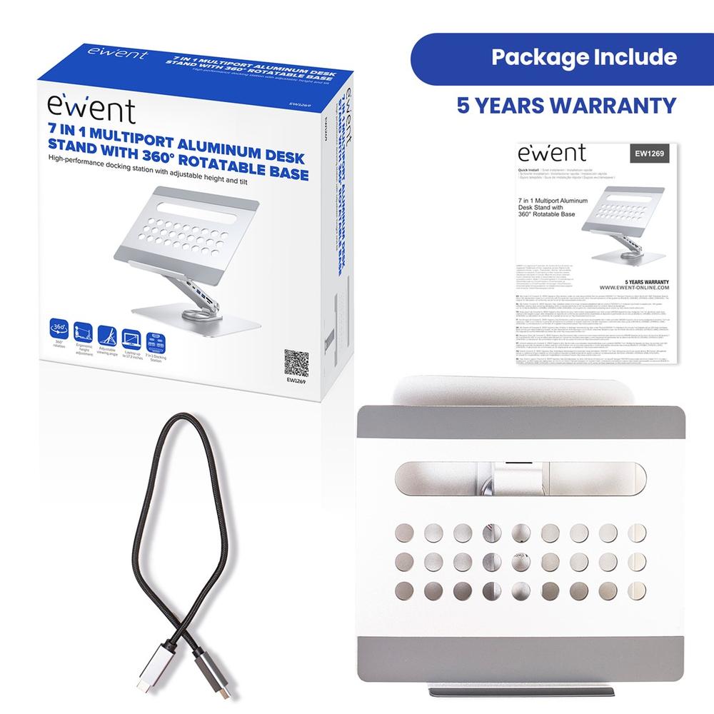 SOPORTE DE ESCRITORIO PARA PORTATIL EWENT EW1269 360º + DOCKING STATION 7 EN 1