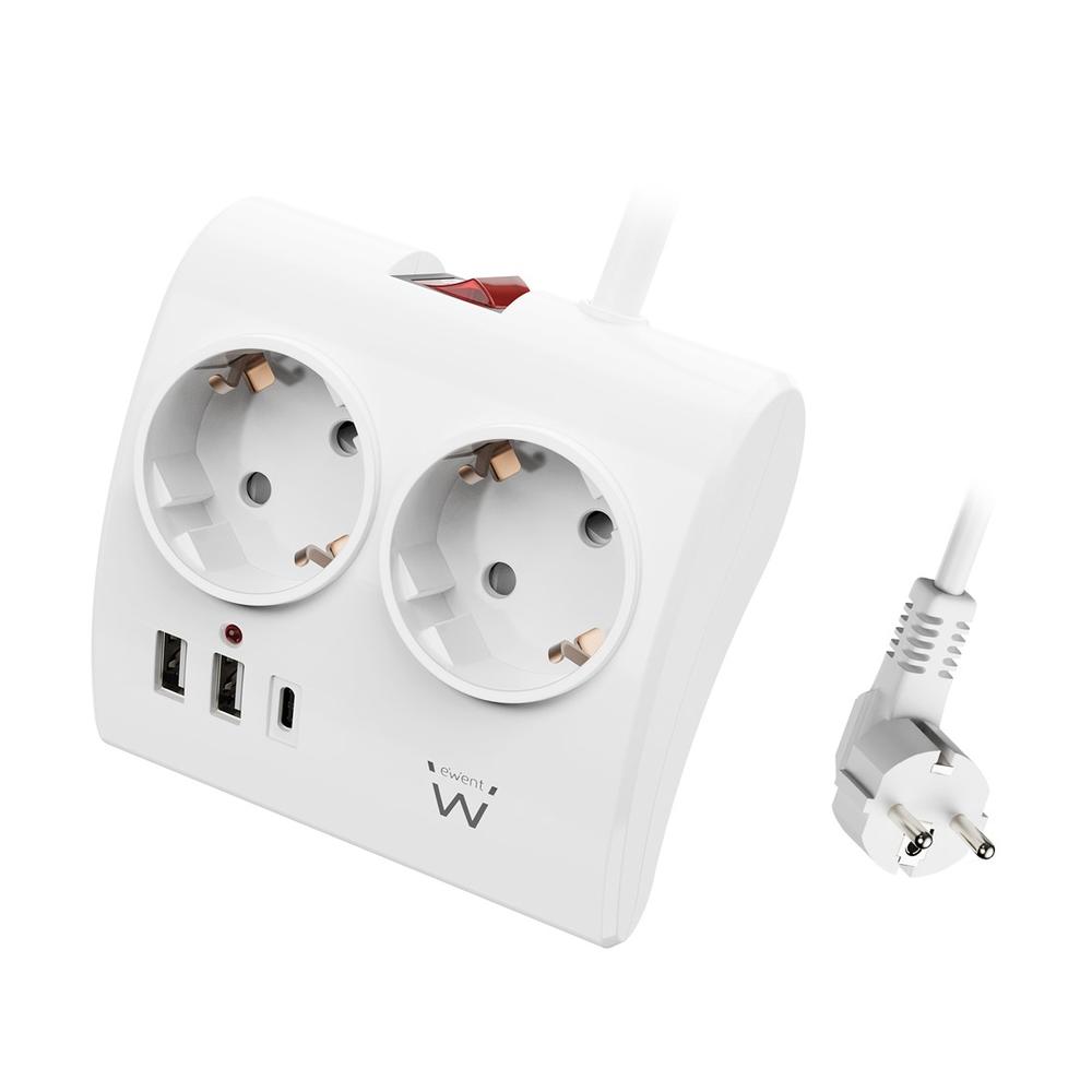 REGLETA EWENT 2 TOMAS SHUCKO 2 PUERTOS USB TIPO A 1 PUERTO USB TIPO C INTERRUPTOR BLANCO