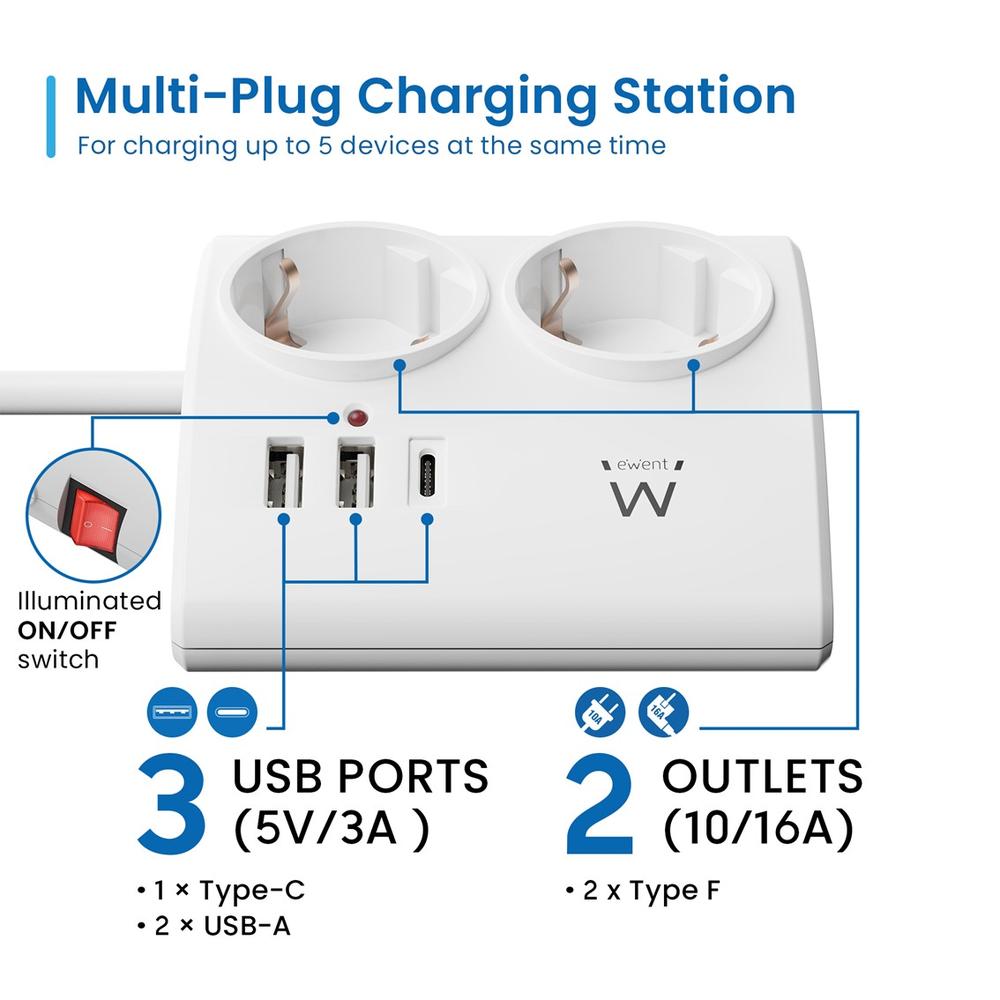 REGLETA EWENT 2 TOMAS SHUCKO 2 PUERTOS USB TIPO A 1 PUERTO USB TIPO C INTERRUPTOR BLANCO