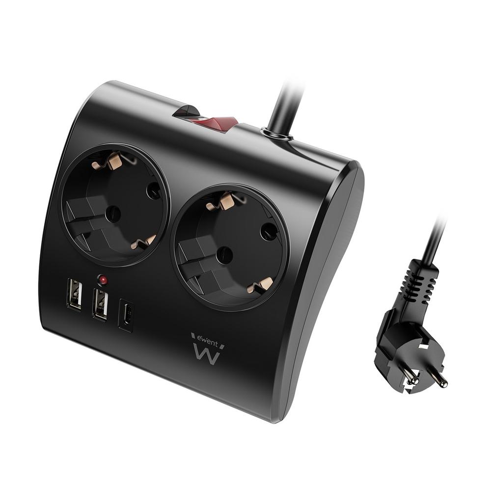 REGLETA EWENT 2 TOMAS SHUCKO 2 PUERTOS USB TIPO A 1 PUERTO USB TIPO C INTERRUPTOR NEGRO