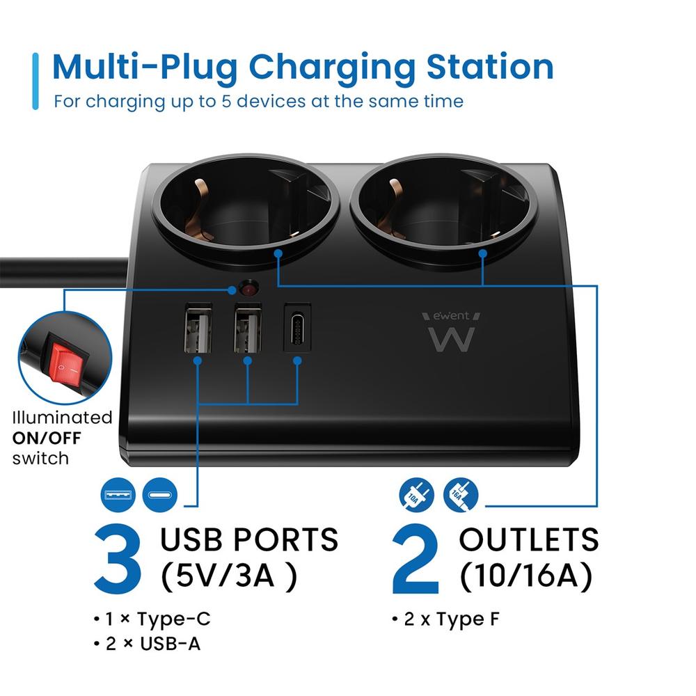 REGLETA EWENT 2 TOMAS SHUCKO 2 PUERTOS USB TIPO A 1 PUERTO USB TIPO C INTERRUPTOR NEGRO