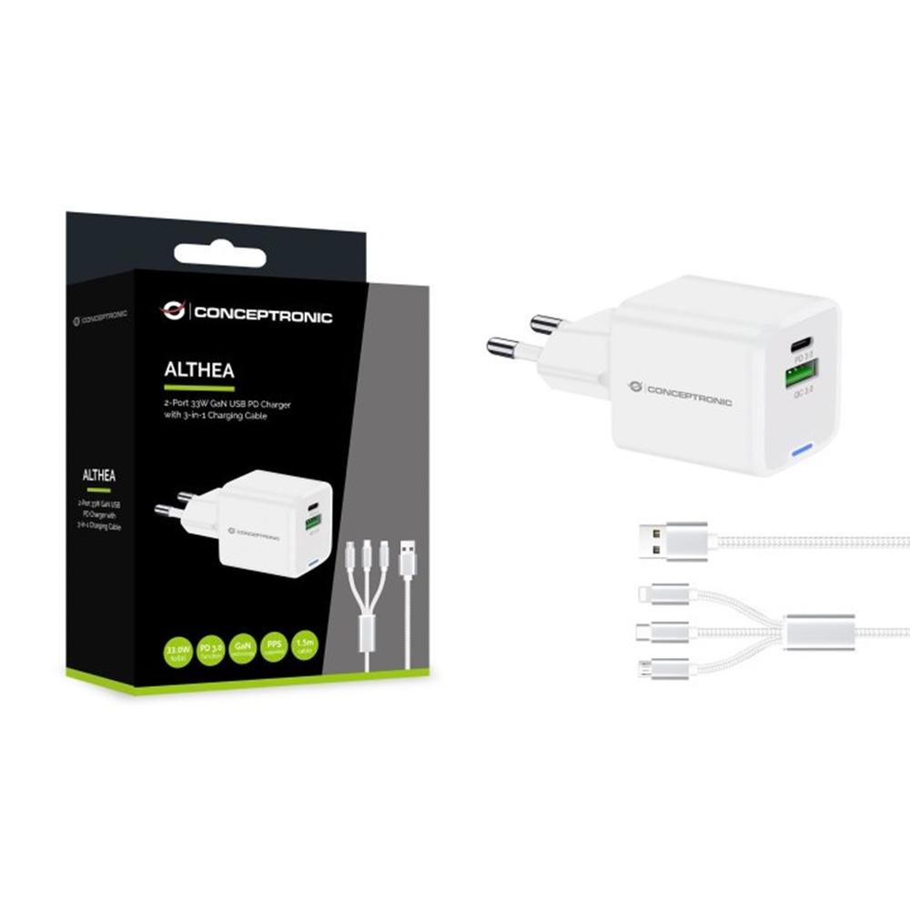 CARGADOR DE PARED CONCEPTRONIC ALTHEA16W 33W + CABLE USB 3.0 3 EN 1 BLANCO