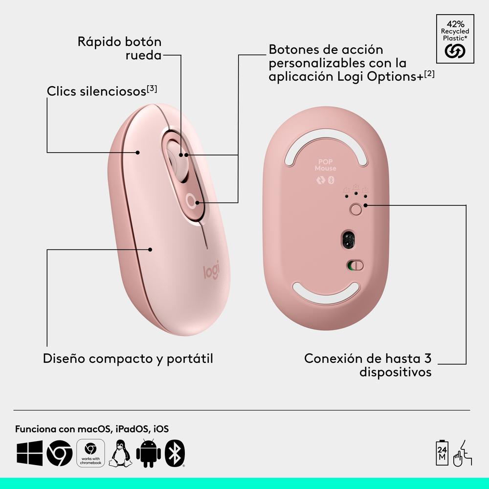 RATON INALAMBRICO LOGITECH POP MOUSE ROSA