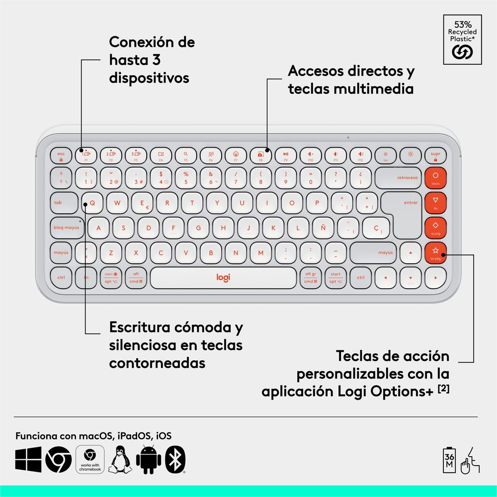 TECLADO LOGITECH POP ICON KEYS INALAMBRICO BLANCO/NARANJA