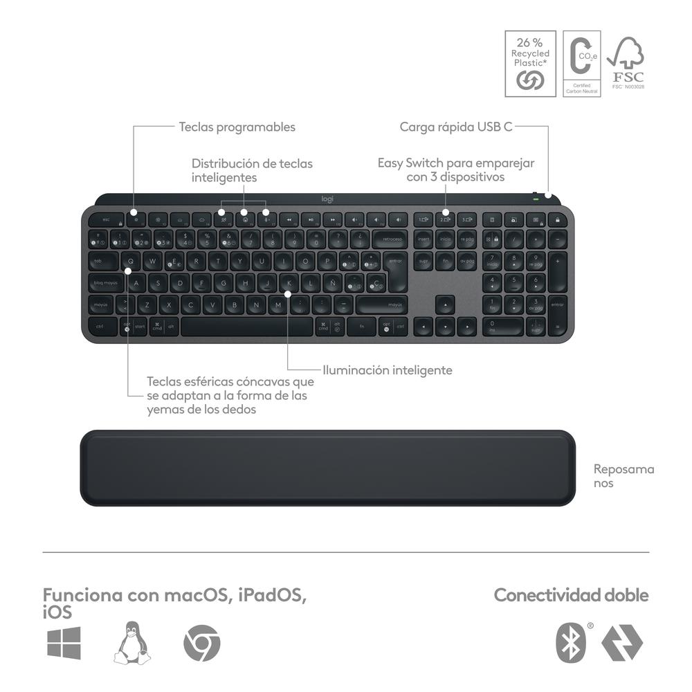 TECLADO + RATON LOGITECH MX KEYS S COMBO INALAMBRICO GRAFITO ESPAÑOL