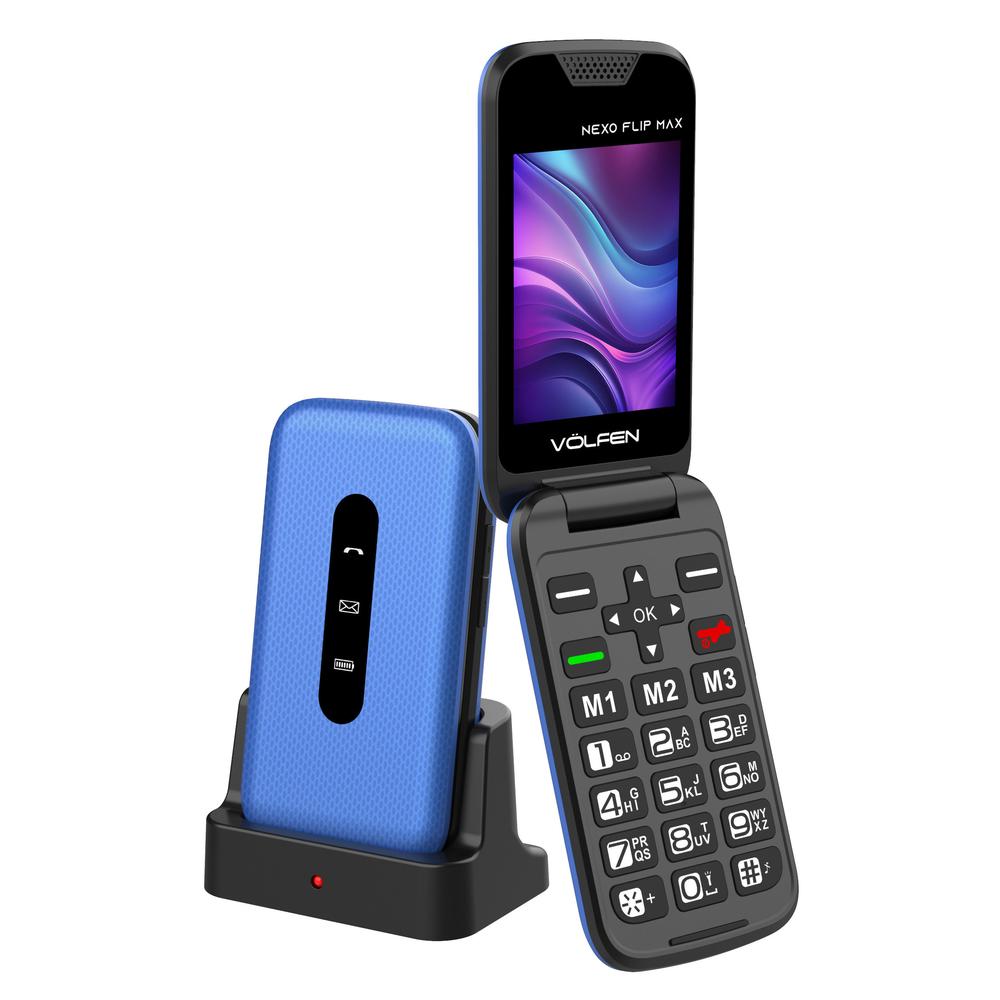 TELEFONO MOVIL VOLFEN NEXO FLIP MAX TIPO CONCHA AZUL BASE DE CARGA