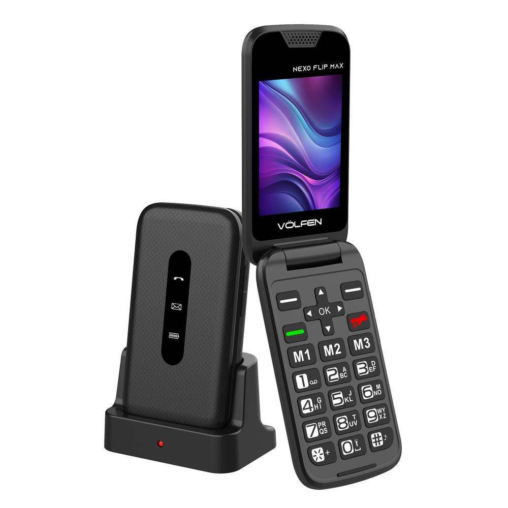 TELEFONO MOVIL VOLFEN NEXO FLIP MAX TIPO CONCHA NEGRO BASE DE CARGA