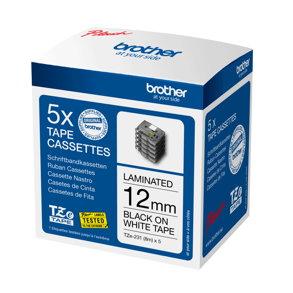 PACK CINTAS LAMINADAS BROTHER TZE231M5 12MM X 8M 5 UNIDADES