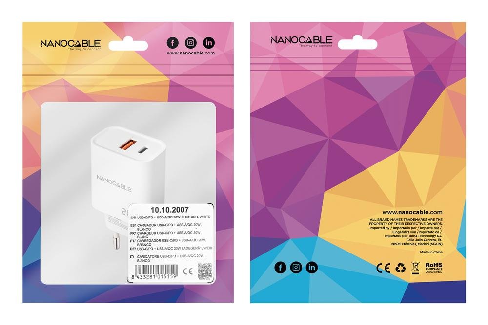 CARGADOR NANOCABLE USB-C/PD + USB-A/QC 20W, BLANCO