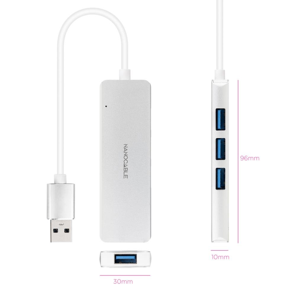 HUB NANOCABLE USB-A 3.0. A 4XUSB3.0 USB-A/M-USB 3.0/H ALUMINIO COLOR PLATA 18 CM