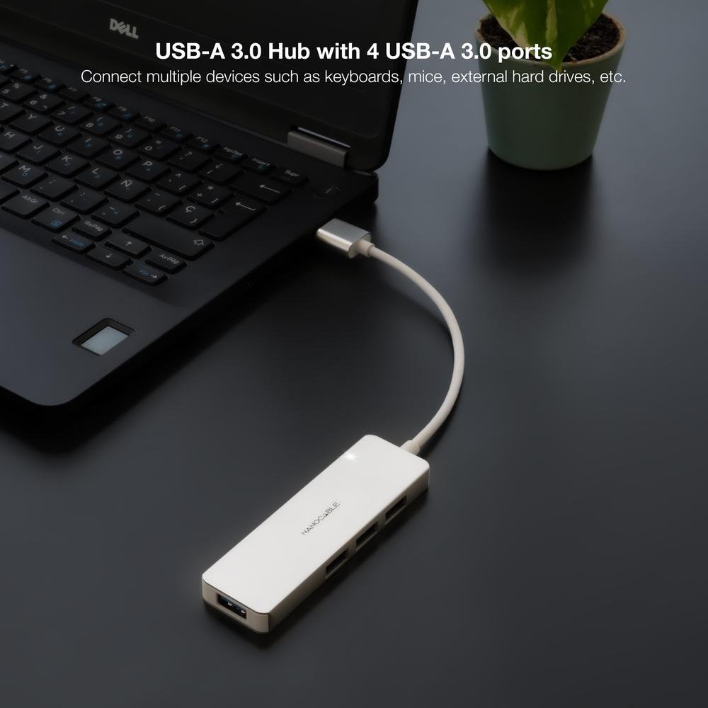 HUB NANOCABLE USB-A 3.0. A 4XUSB3.0 USB-A/M-USB 3.0/H ALUMINIO COLOR PLATA 18 CM