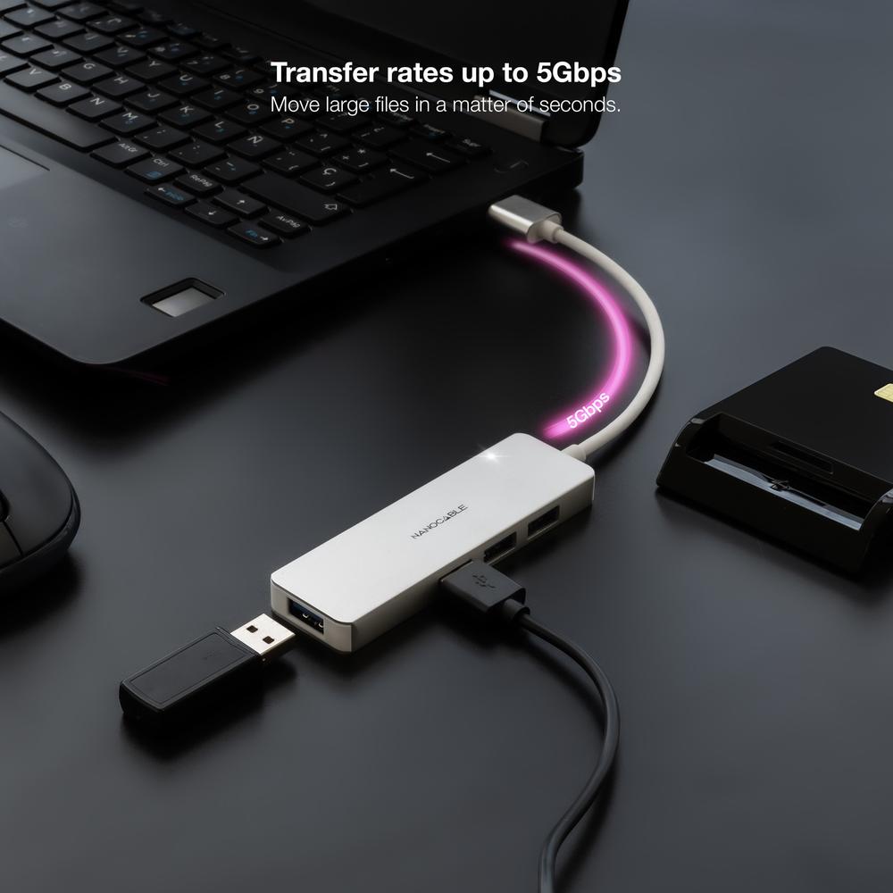 HUB NANOCABLE USB-A 3.0. A 4XUSB3.0 USB-A/M-USB 3.0/H ALUMINIO COLOR PLATA 18 CM