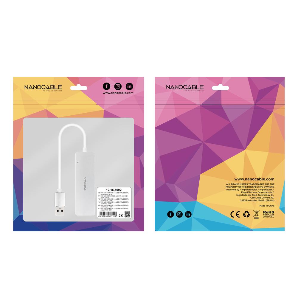 HUB NANOCABLE USB-A 3.0. A 4XUSB3.0 USB-A/M-USB 3.0/H ALUMINIO COLOR PLATA 18 CM