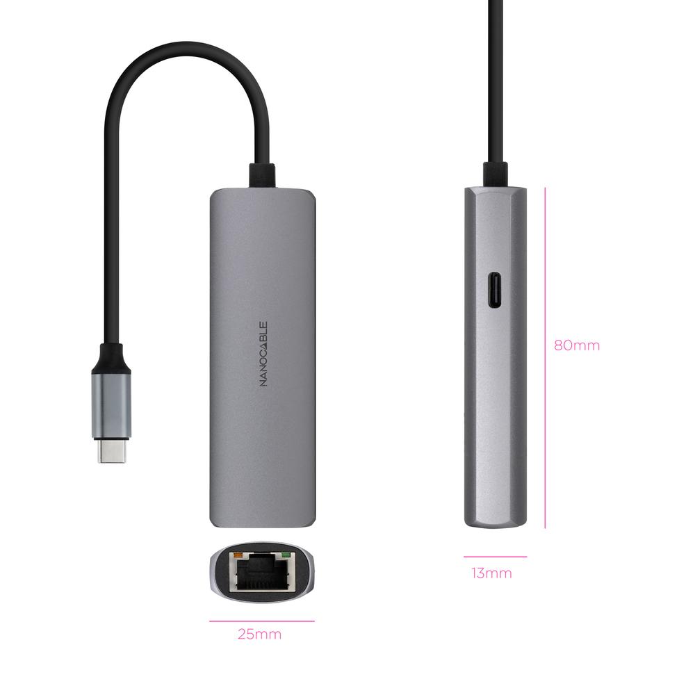 ADAPTADOR NANOCABLE USB-C 3.1 A RJ45 CON PD 100W USB-C/M ALUMINIO COLOR GRIS 18 CM