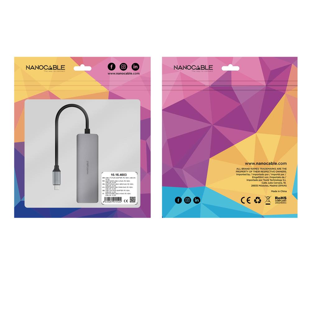 ADAPTADOR NANOCABLE USB-C 3.1 A RJ45 CON PD 100W USB-C/M ALUMINIO COLOR GRIS 18 CM