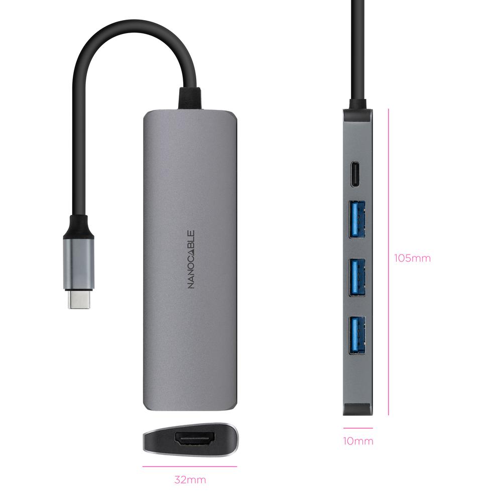 HUB NANOCABLE USB-C 5 EN 1 CONVERSOR USB-C 3.1 A 3XUSB-A 3.0 + USB-C PD + HDMI ALUMINIO GRIS 18 CM
