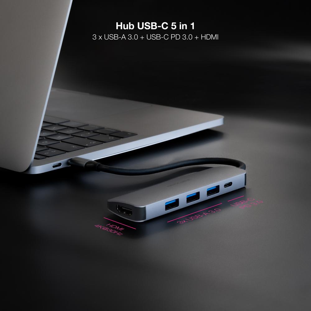 HUB NANOCABLE USB-C 5 EN 1 CONVERSOR USB-C 3.1 A 3XUSB-A 3.0 + USB-C PD + HDMI ALUMINIO GRIS 18 CM
