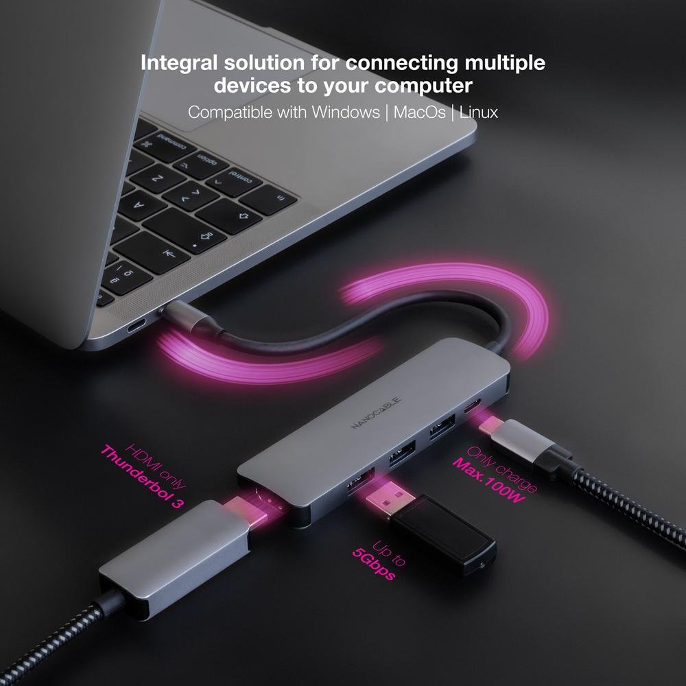 HUB NANOCABLE USB-C 5 EN 1 CONVERSOR USB-C 3.1 A 3XUSB-A 3.0 + USB-C PD + HDMI ALUMINIO GRIS 18 CM