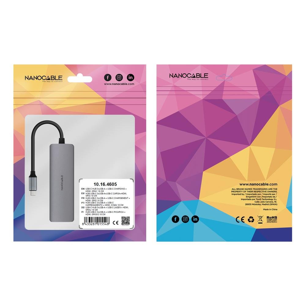 HUB NANOCABLE USB-C 5 EN 1 CONVERSOR USB-C 3.1 A 3XUSB-A 3.0 + USB-C PD + HDMI ALUMINIO GRIS 18 CM