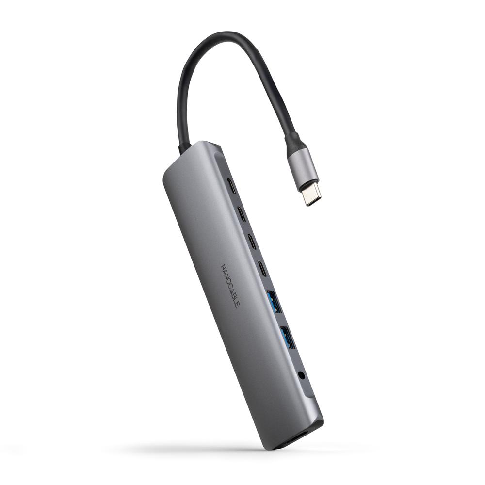 HUB NANOCABLE USB-C 8 EN 1 CONVERSOR USB-C 3.1 A 2XUSB-A 3.0 + 3XUSB-C 3.0 + USB-C PD + HDMI 4K@60HZ + AUDIO JACK 3.5 ALUMINIO GRIS 18 CM