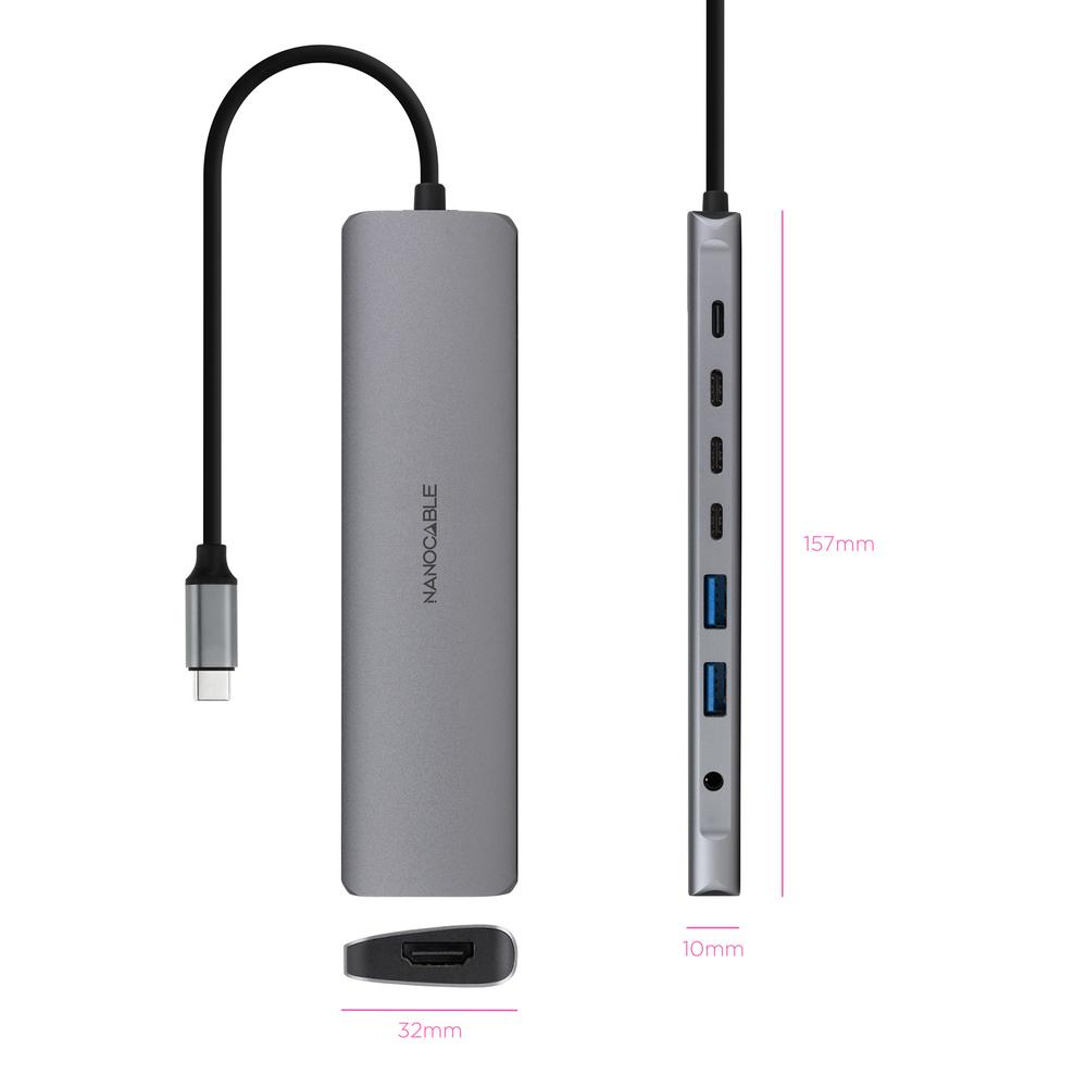 HUB NANOCABLE USB-C 8 EN 1 CONVERSOR USB-C 3.1 A 2XUSB-A 3.0 + 3XUSB-C 3.0 + USB-C PD + HDMI 4K@60HZ + AUDIO JACK 3.5 ALUMINIO GRIS 18 CM