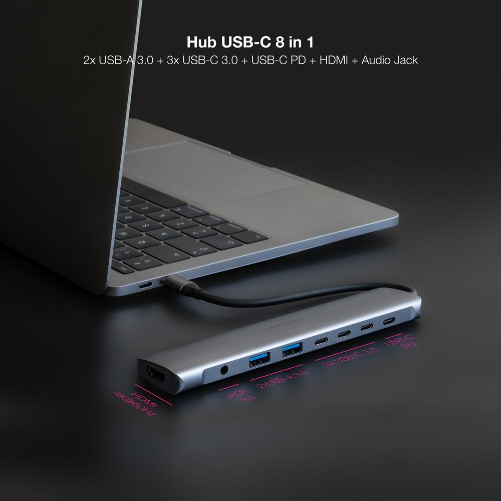 HUB NANOCABLE USB-C 8 EN 1 CONVERSOR USB-C 3.1 A 2XUSB-A 3.0 + 3XUSB-C 3.0 + USB-C PD + HDMI 4K@60HZ + AUDIO JACK 3.5 ALUMINIO GRIS 18 CM