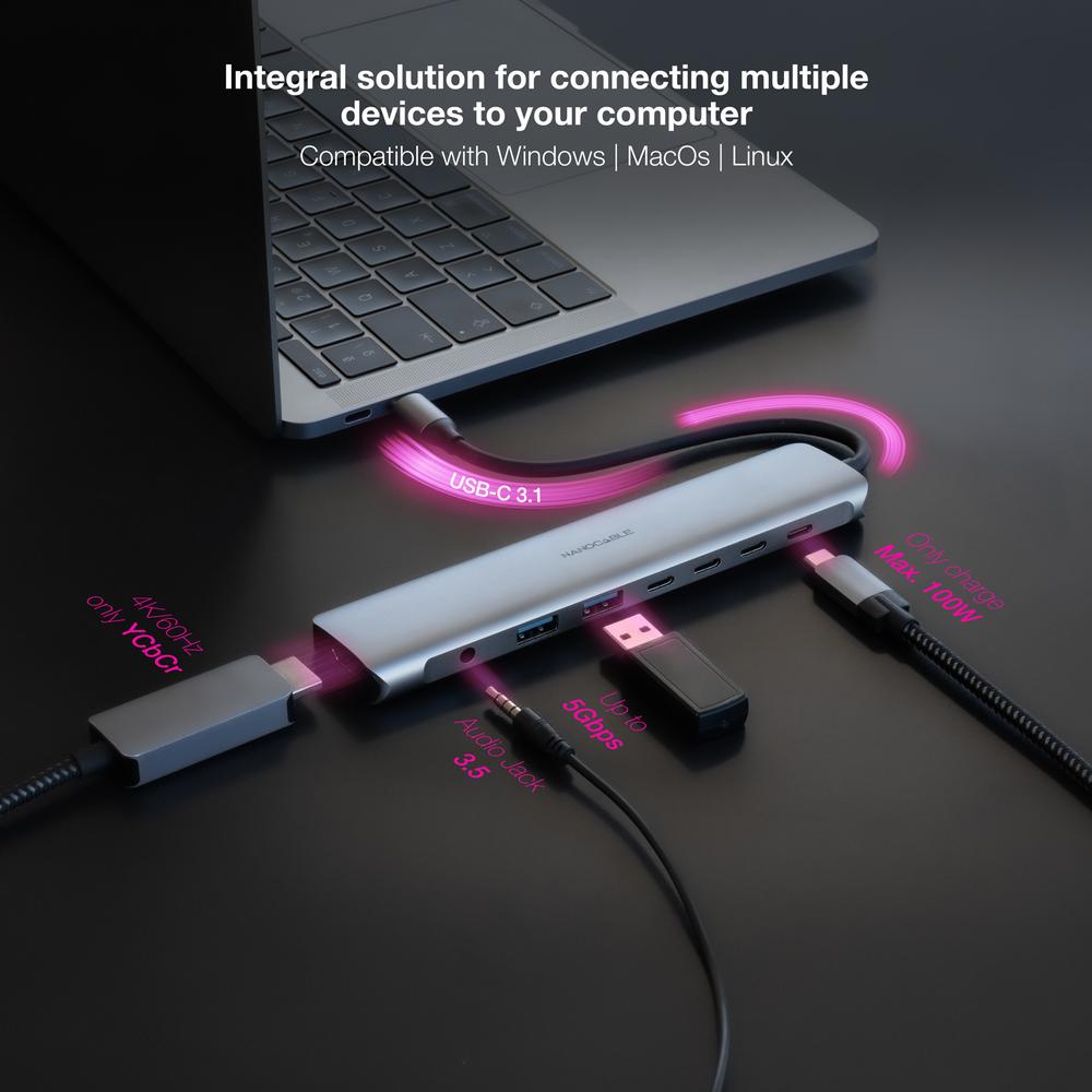 HUB NANOCABLE USB-C 8 EN 1 CONVERSOR USB-C 3.1 A 2XUSB-A 3.0 + 3XUSB-C 3.0 + USB-C PD + HDMI 4K@60HZ + AUDIO JACK 3.5 ALUMINIO GRIS 18 CM