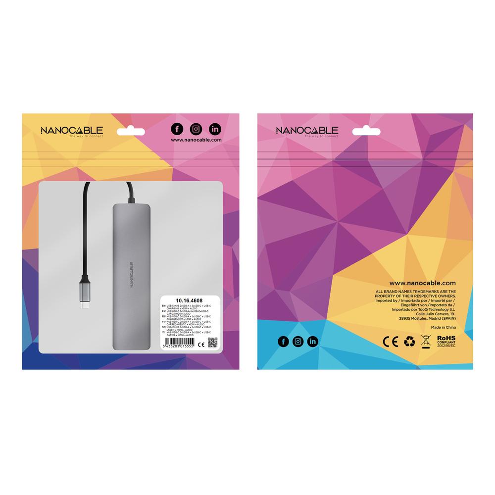HUB NANOCABLE USB-C 8 EN 1 CONVERSOR USB-C 3.1 A 2XUSB-A 3.0 + 3XUSB-C 3.0 + USB-C PD + HDMI 4K@60HZ + AUDIO JACK 3.5 ALUMINIO GRIS 18 CM