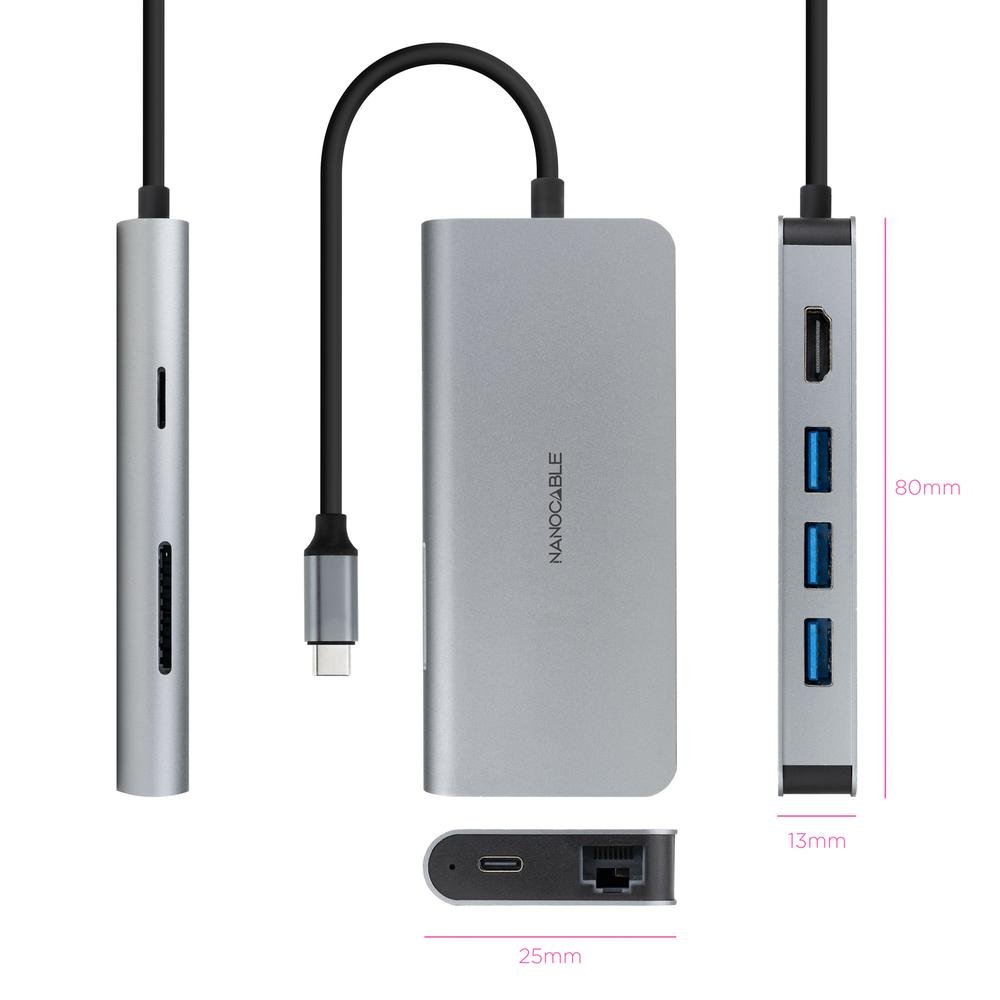 HUB NANOCABLE USB-C 8 EN 1 CONVERSOR USB-C 3.1 A 3XUSB-A 3.0 + HDMI 4K@60HZ + USB-C PD + RJ45 1GBPS + TF + SD ALUMINIO GRIS 18 CM