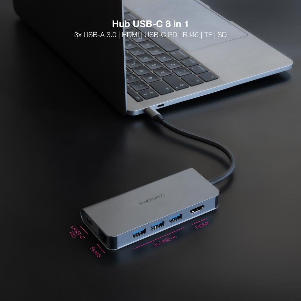 HUB NANOCABLE USB-C 8 EN 1 CONVERSOR USB-C 3.1 A 3XUSB-A 3.0 + HDMI 4K@60HZ + USB-C PD + RJ45 1GBPS + TF + SD ALUMINIO GRIS 18 CM