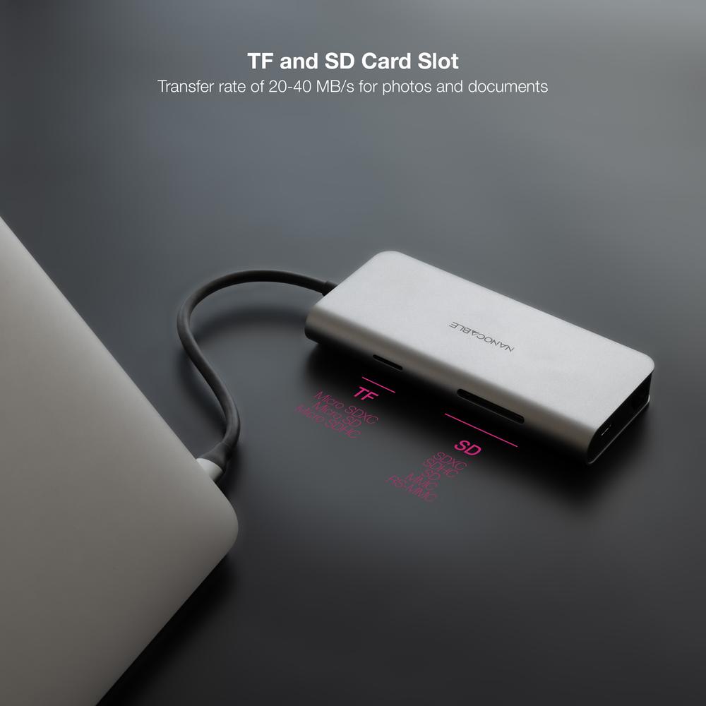 HUB NANOCABLE USB-C 8 EN 1 CONVERSOR USB-C 3.1 A 3XUSB-A 3.0 + HDMI 4K@60HZ + USB-C PD + RJ45 1GBPS + TF + SD ALUMINIO GRIS 18 CM