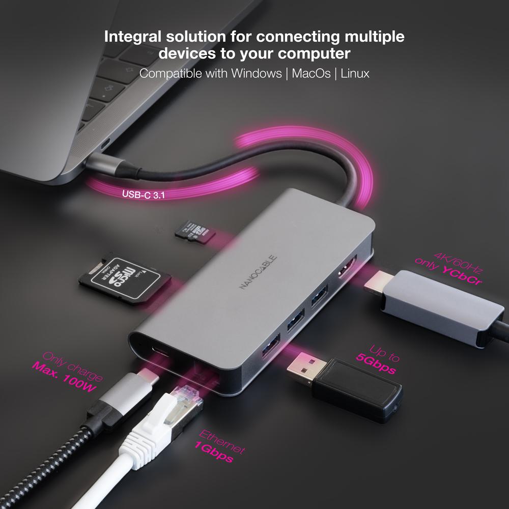 HUB NANOCABLE USB-C 8 EN 1 CONVERSOR USB-C 3.1 A 3XUSB-A 3.0 + HDMI 4K@60HZ + USB-C PD + RJ45 1GBPS + TF + SD ALUMINIO GRIS 18 CM
