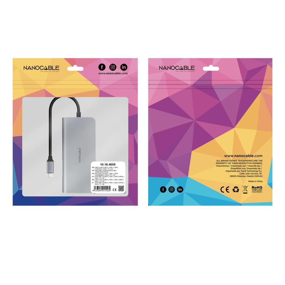 HUB NANOCABLE USB-C 8 EN 1 CONVERSOR USB-C 3.1 A 3XUSB-A 3.0 + HDMI 4K@60HZ + USB-C PD + RJ45 1GBPS + TF + SD ALUMINIO GRIS 18 CM