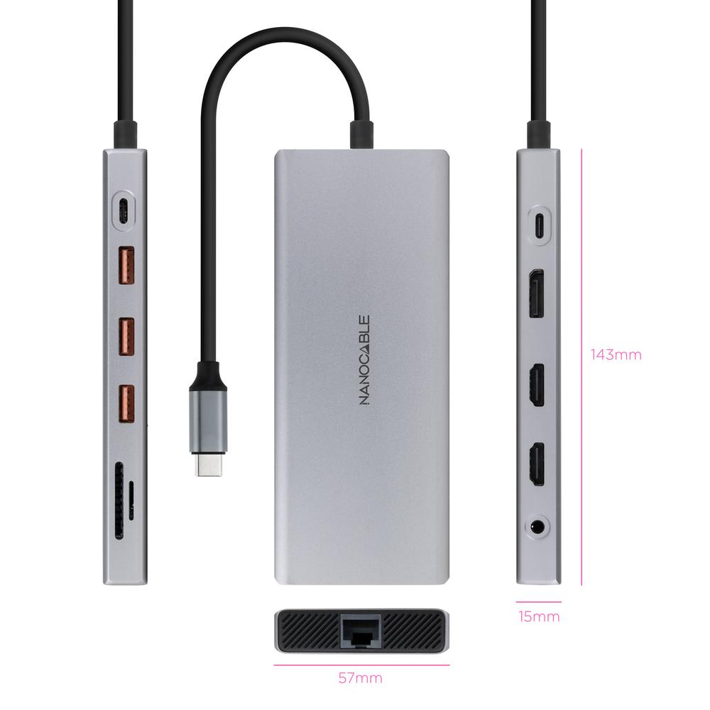 HUB NANOCABLE USB-C 12 EN 1 CONVERSOR USB-C 3.1 A 3XUSB-A 3.2 + USB-C 3.2 + USB-C PD + 2XHDMI 4K@60HZ + DP 4K@60HZ + RJ45 1GBPS + TF + SD + AUDIO JACK 3.5 ALUMINIO GRIS 18 CM