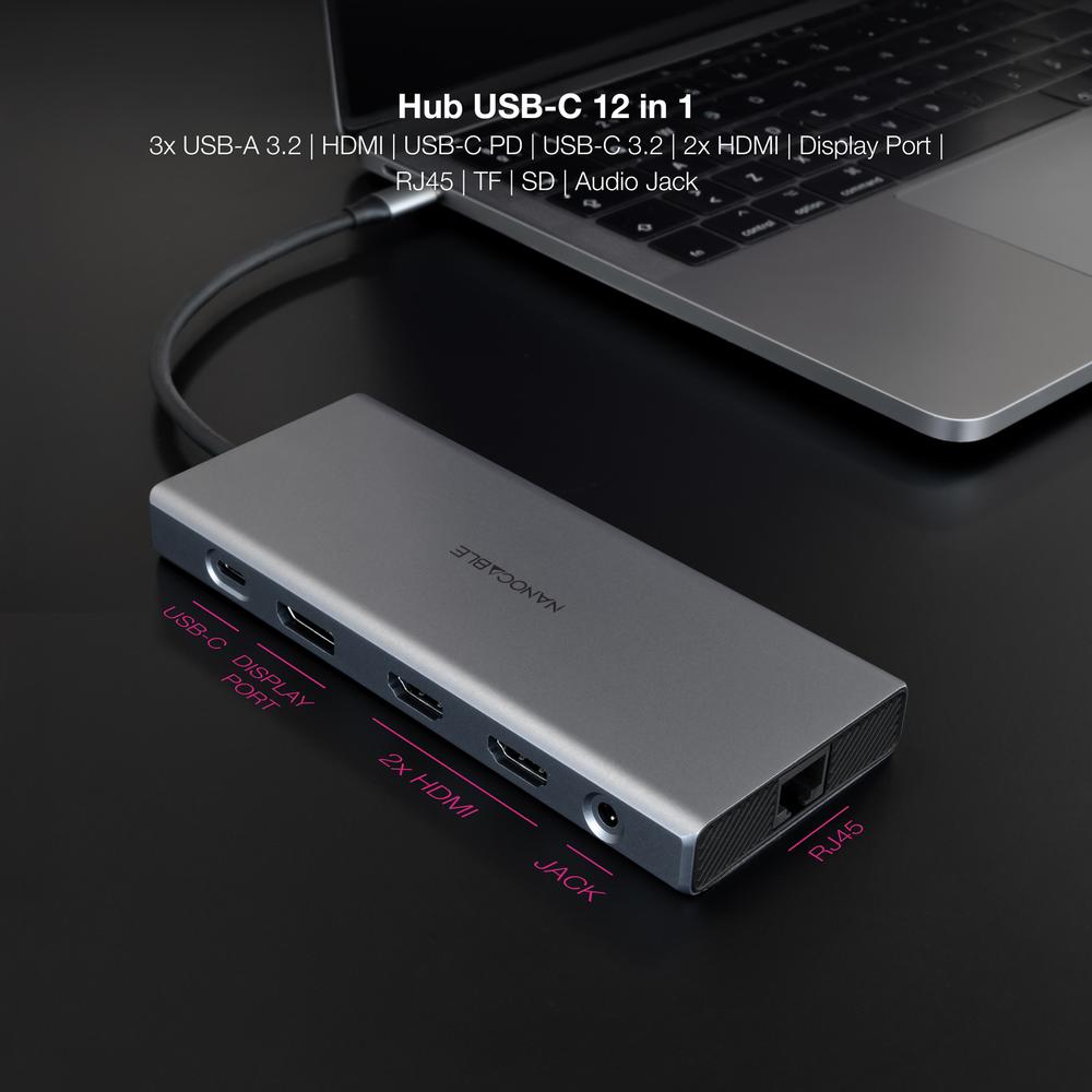 HUB NANOCABLE USB-C 12 EN 1 CONVERSOR USB-C 3.1 A 3XUSB-A 3.2 + USB-C 3.2 + USB-C PD + 2XHDMI 4K@60HZ + DP 4K@60HZ + RJ45 1GBPS + TF + SD + AUDIO JACK 3.5 ALUMINIO GRIS 18 CM