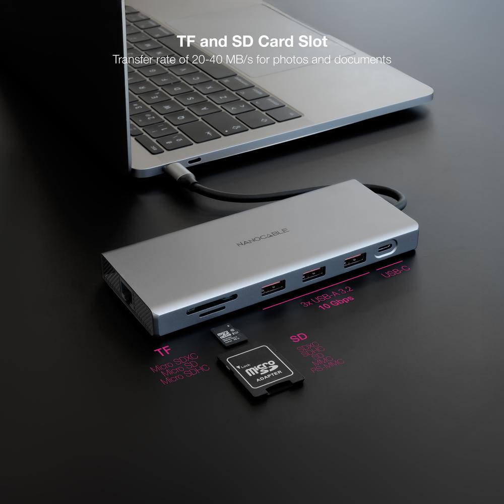 HUB NANOCABLE USB-C 12 EN 1 CONVERSOR USB-C 3.1 A 3XUSB-A 3.2 + USB-C 3.2 + USB-C PD + 2XHDMI 4K@60HZ + DP 4K@60HZ + RJ45 1GBPS + TF + SD + AUDIO JACK 3.5 ALUMINIO GRIS 18 CM