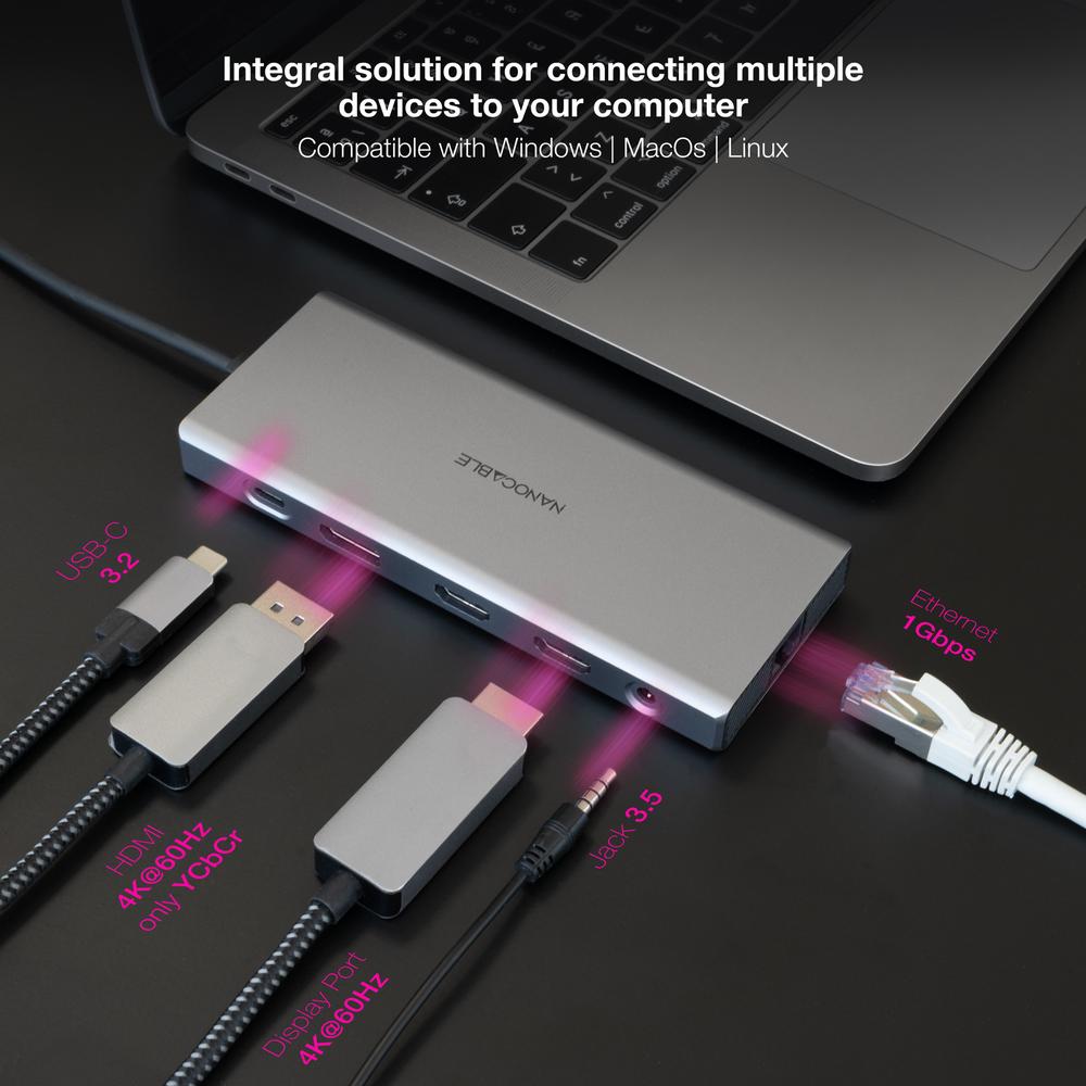 HUB NANOCABLE USB-C 12 EN 1 CONVERSOR USB-C 3.1 A 3XUSB-A 3.2 + USB-C 3.2 + USB-C PD + 2XHDMI 4K@60HZ + DP 4K@60HZ + RJ45 1GBPS + TF + SD + AUDIO JACK 3.5 ALUMINIO GRIS 18 CM