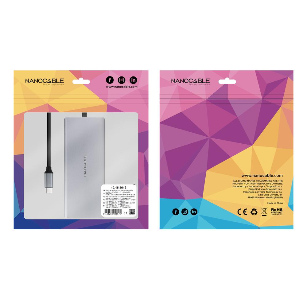 HUB NANOCABLE USB-C 12 EN 1 CONVERSOR USB-C 3.1 A 3XUSB-A 3.2 + USB-C 3.2 + USB-C PD + 2XHDMI 4K@60HZ + DP 4K@60HZ + RJ45 1GBPS + TF + SD + AUDIO JACK 3.5 ALUMINIO GRIS 18 CM