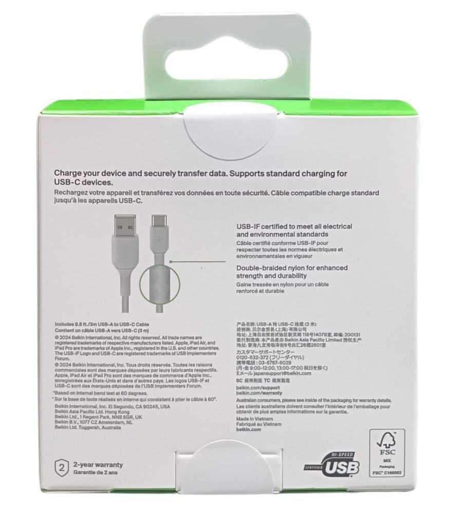 CABLE USB TIPO C A USB TIPO A BELKIN 3M/ MACHO-MACHO/ BLANCO/ TRENZADO