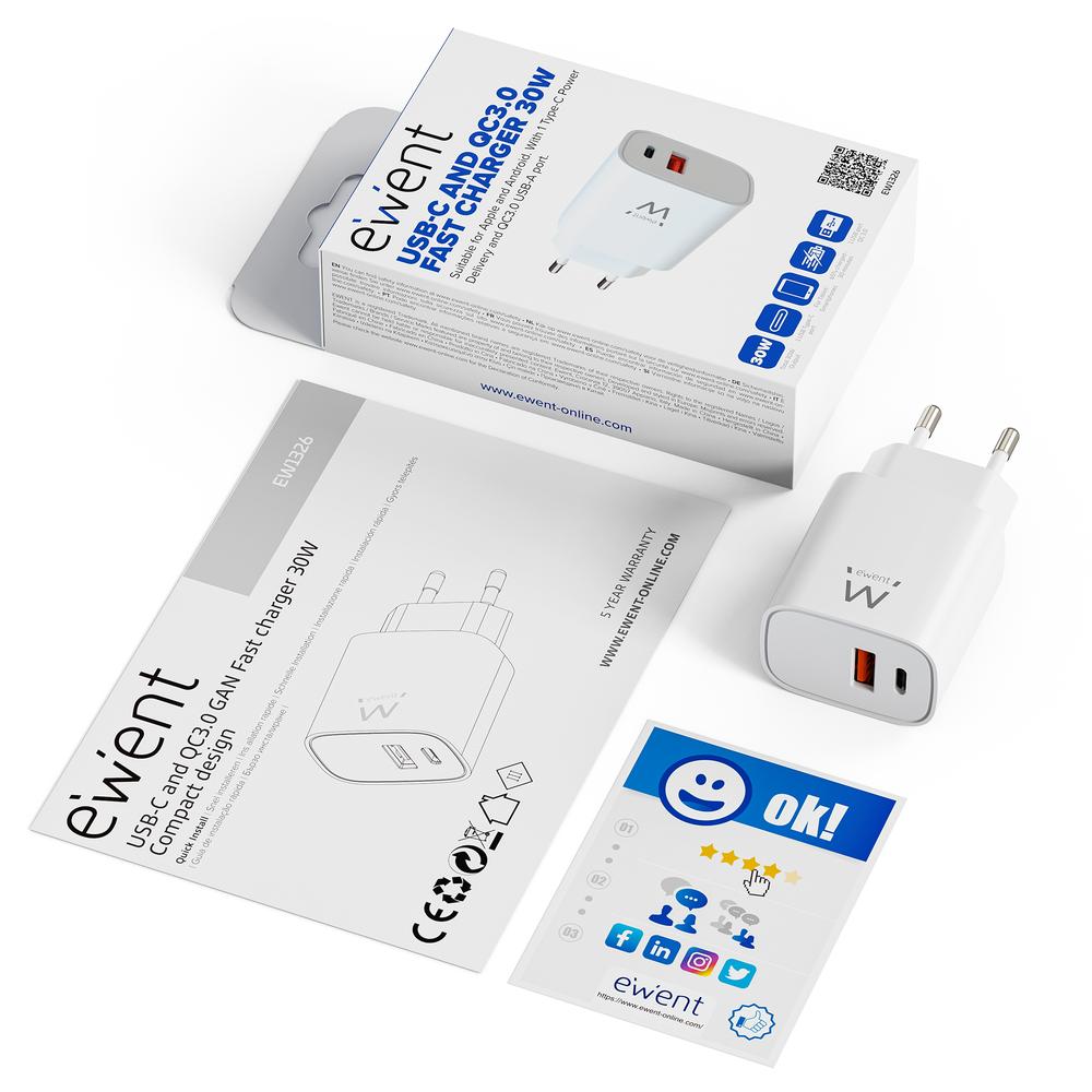 CARGADOR EWENT EW1326 30W USB TIPO A / USB TIPO C