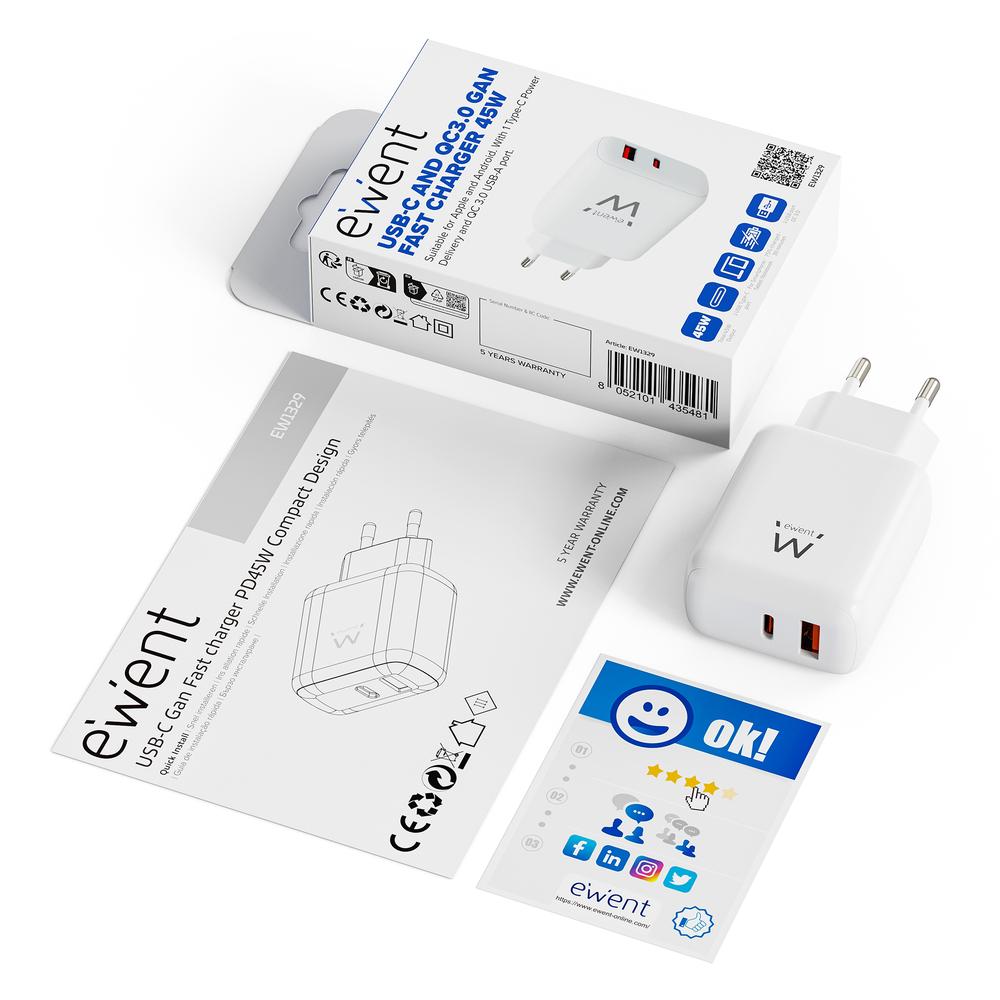 CARGADOR EWENT EW1329 45W USB TIPO A / USB TIPO C