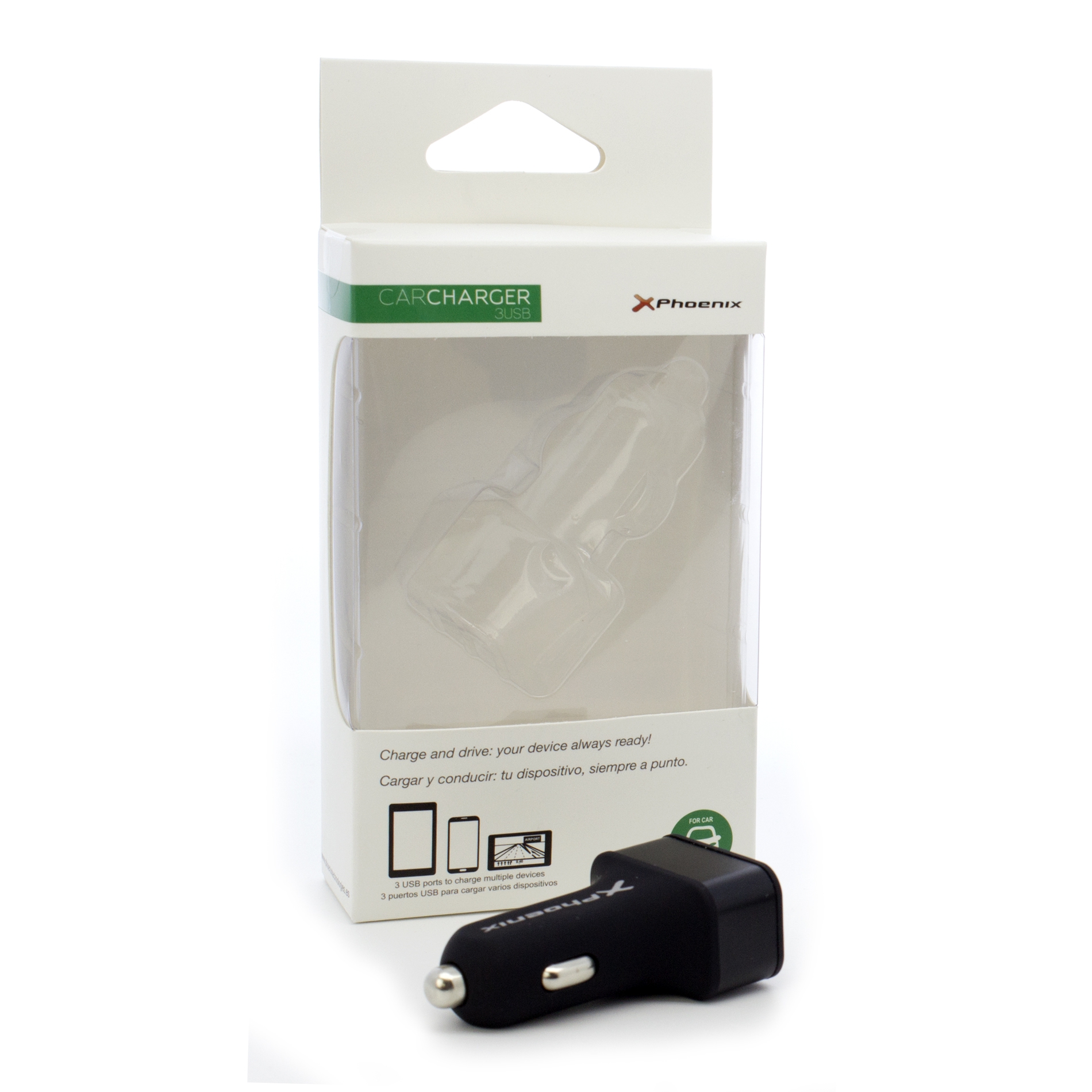 CARGADOR UNIVERSAL PHOENIX PHCARCHARGER3USB PARA COCHE/ MECHERO 5V / 3 X USB 7.2A NEGRO ACABADO EN SILICONA