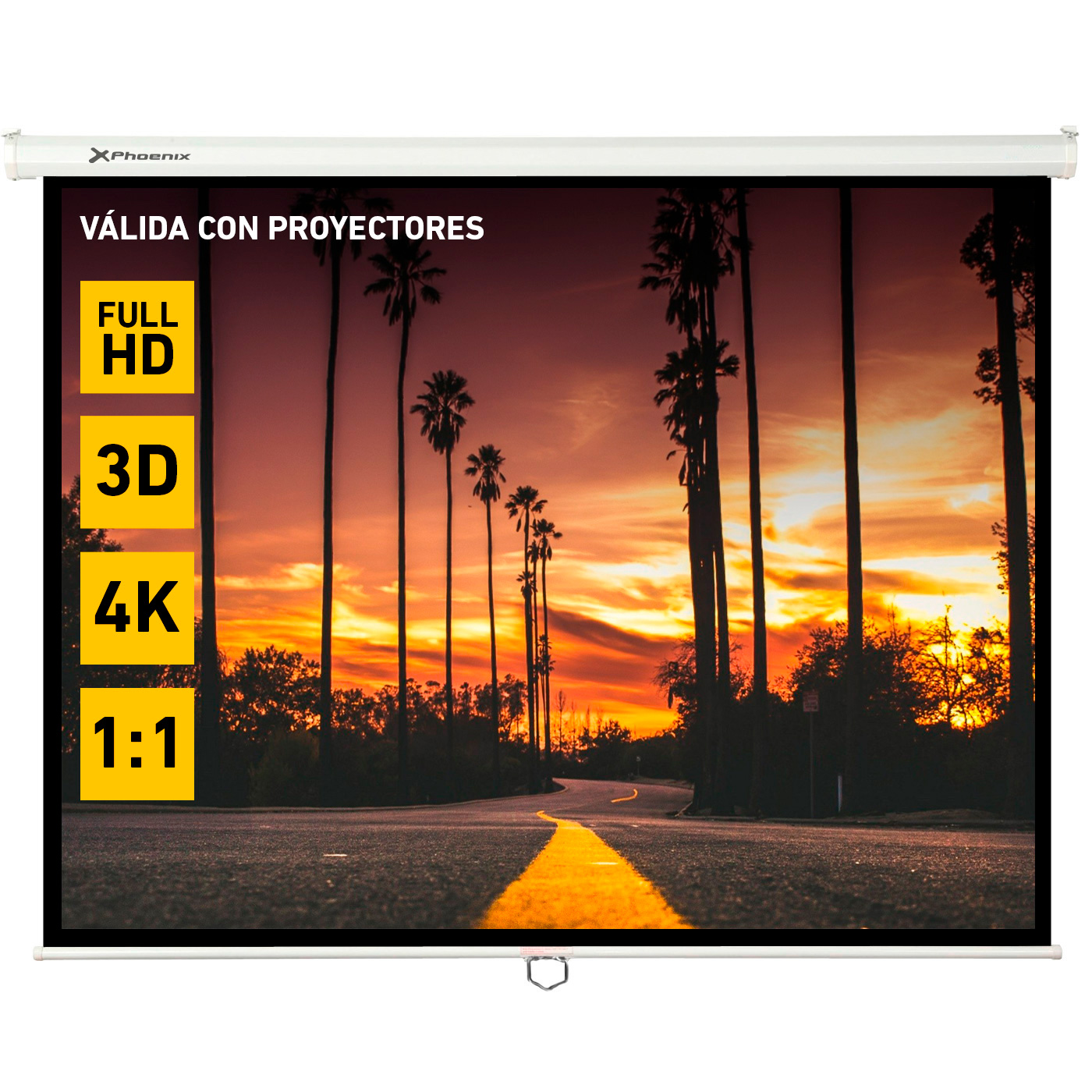 PANTALLA MANUAL VIDEOPROYECTOR PARED Y TECHO PHOENIX 169´´ RATIO: 1:1 / 4:3 / 16:9/ 3M X 3M POSICION AJUSTABLE / CARCASA BLANCA / TELA SUPER RESISTENTE