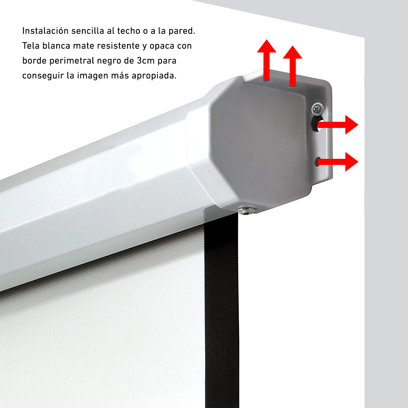 PANTALLA MANUAL VIDEOPROYECTOR PARED Y TECHO PHOENIX 169´´ RATIO: 1:1 / 4:3 / 16:9/ 3M X 3M POSICION AJUSTABLE / CARCASA BLANCA / TELA SUPER RESISTENTE