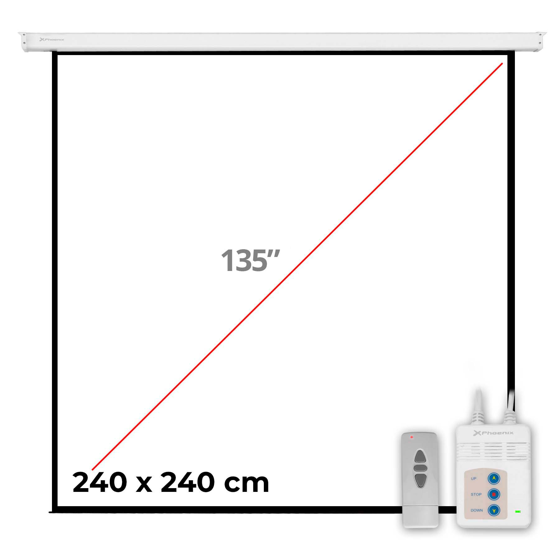 PANTALLA ELECTRICA VIDEOPROYECTOR PARED Y TECHO PHOENIX 135´´RATIO 1:1 / 4:3 / 16:9 2.4M X 2.4M POSICION ADJUSTABLE / CARCASA BLANCA / TELA SUPER RESISTENTE