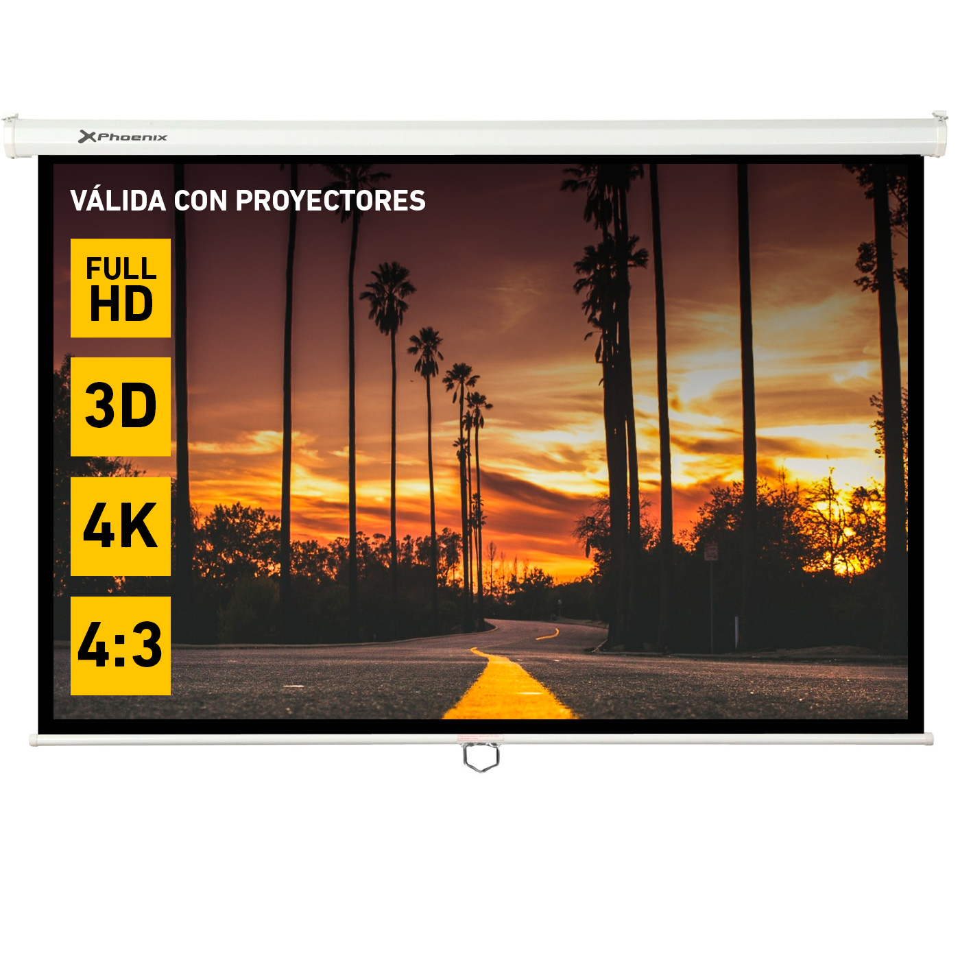 PANTALLA MANUAL VIDEOPROYECTOR PARED Y TECHO PHOENIX 100´´ RATIO 4:3 / 16:9 2M X 1.5M POSICION AJUSTABLE / CARCASA BLANCA / TELA SUPER RESISTENTE