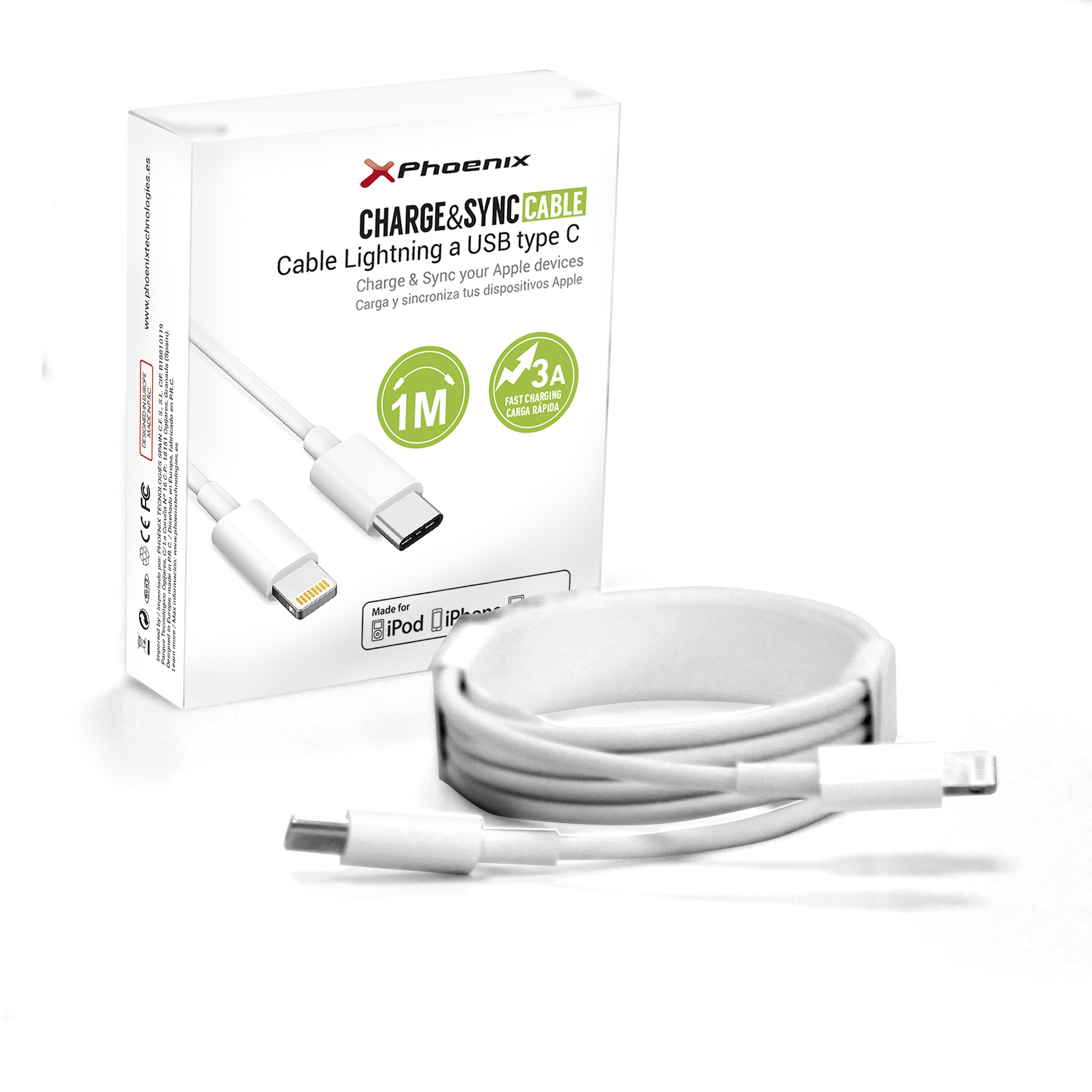 Cable MFI de Carga RApida 3A y Datos USB - Lightning para iPhone iPad 1 m