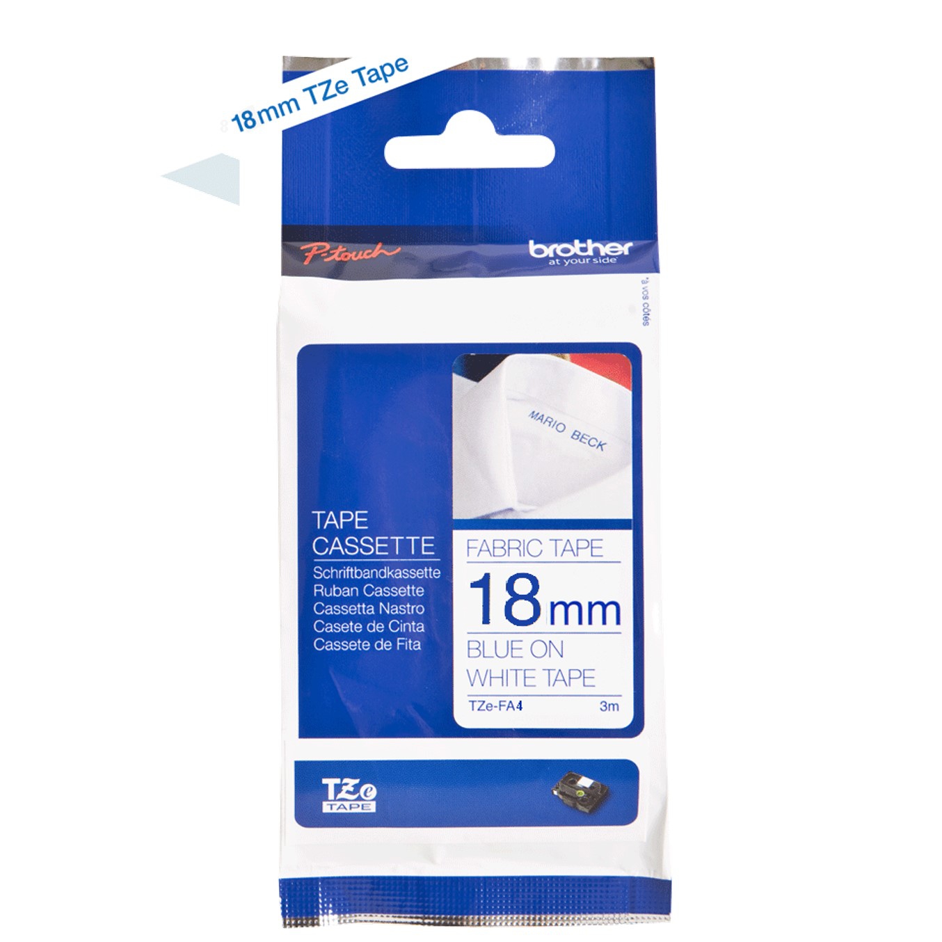 CINTA TEXTIL BROTHER TZE-FA4 18MM X 3M BLANCO/AZUL