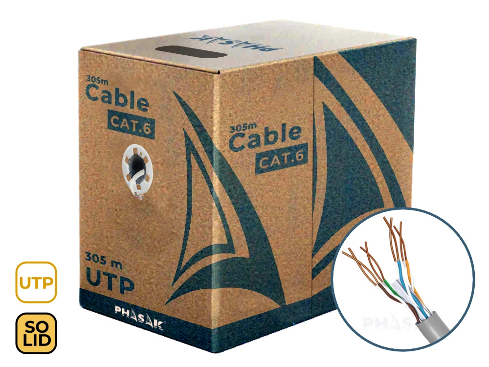 BOBINA CABLE RED SOLIDO PHASAK UTP CAT.6 AWG23 CCA 305M GRIS PHR 6302